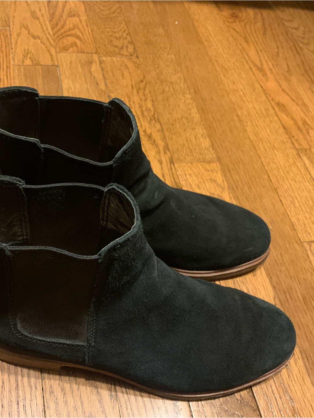 Clarks Black Suede Ankle Booties with Brown Trim